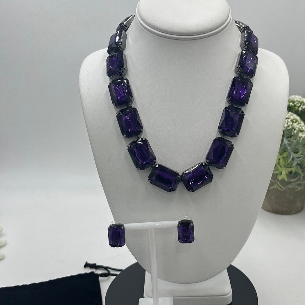Joan Rivers Vintage Hematite Gunmetal Purple Rhinestone Necklace Earring set